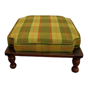 Vintage Ethan Allen Green Plaid Upholstered Stackable Footstool