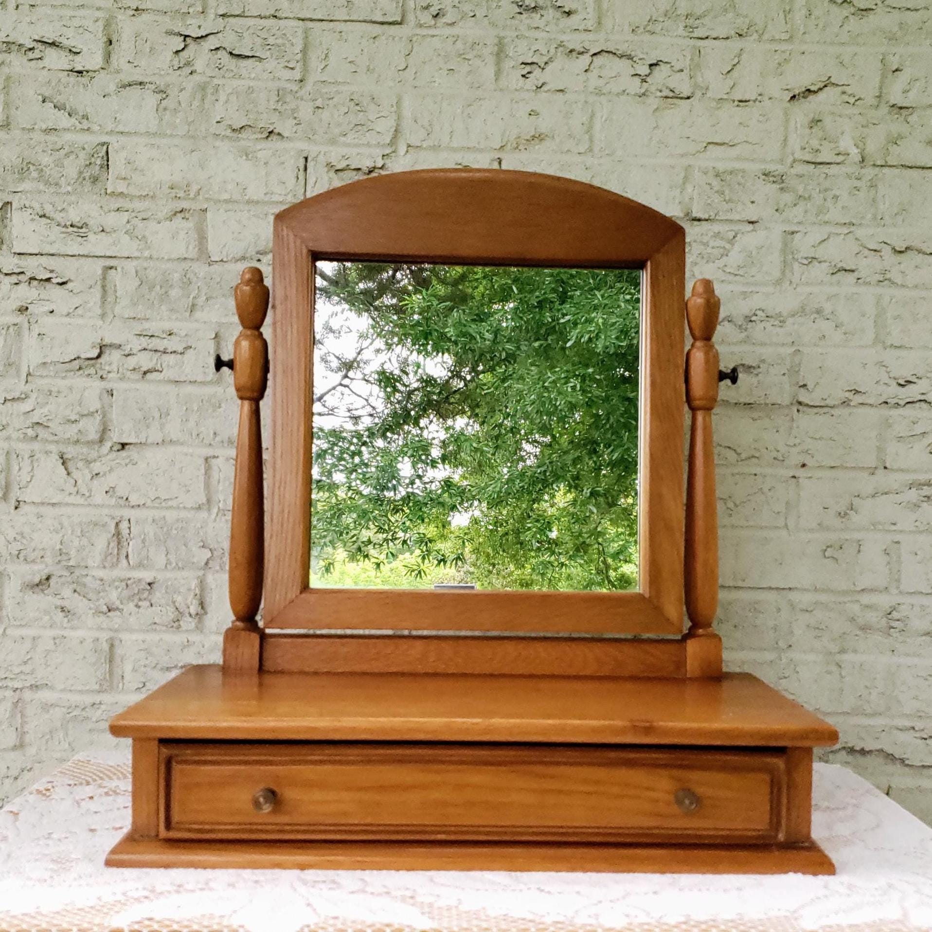 Vintage Wooden Tabletop Dressing Mirror with Drawer Freestanding Shaving Mirror