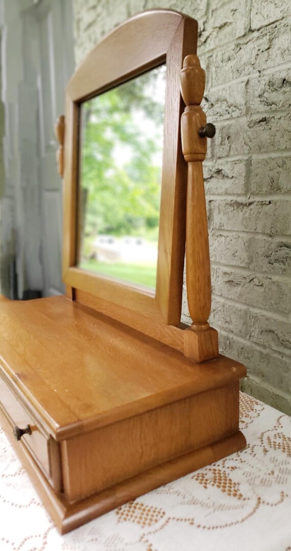 Vintage Wooden Tabletop Dressing Mirror with Drawer Freestanding Shaving Mirror