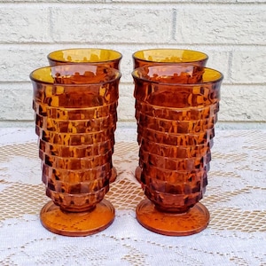 Set of 4 Vintage Amber Colored Cubist Water Glasses Drinking Glasses