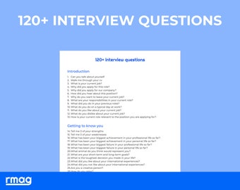 May include: A white sheet of paper with blue text that reads "120+ INTERVIEW QUESTIONS" at the top. The paper lists 120+ interview questions categorized as "Introduction" and "Getting to know you".