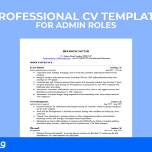 May include: A professional resume template for administrative roles. The template features a blue background with white text and a section for work experience. The resume is for Hermione Potter, who has worked as a Senior Administrative Assistant at I Love Schooh and Never Boring Ideas, and as a Receptionist at Microsoft.
