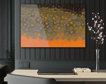 May include: Abstract art print featuring a close-up of a fish's scales. The scales are a mix of orange, brown, blue, and red.