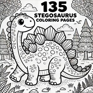 Puede incluir: Una página para colorear en blanco y negro con un estegosaurio de dibujos animados con ojos grandes. La página incluye el texto "135 páginas para colorear de estegosaurios".