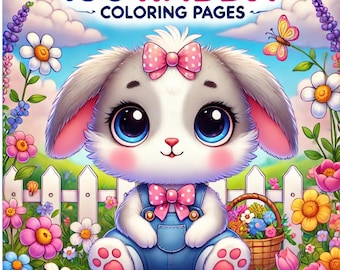 May include: A cute cartoon rabbit wearing a blue overall with pink polka dots and a pink bow. The rabbit is sitting in a field of flowers with a white picket fence in the background.
