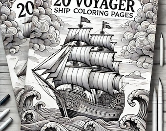 Könnte beinhalten: Zwei Malbücher mit einer Schwarz-Weiß-Illustration eines Segelschiffs auf bewegter See. Die Bücher tragen den Titel "20 Voyager Ship Coloring Pages". Mehrere weiße Bleistifte liegen um die Bücher herum.