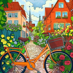 May include: A bright orange bicycle with a basket is parked on a cobblestone street in a quaint European town. The bicycle is surrounded by colorful flowers and lush greenery. The buildings in the background are red brick with white trim and red tile roofs.