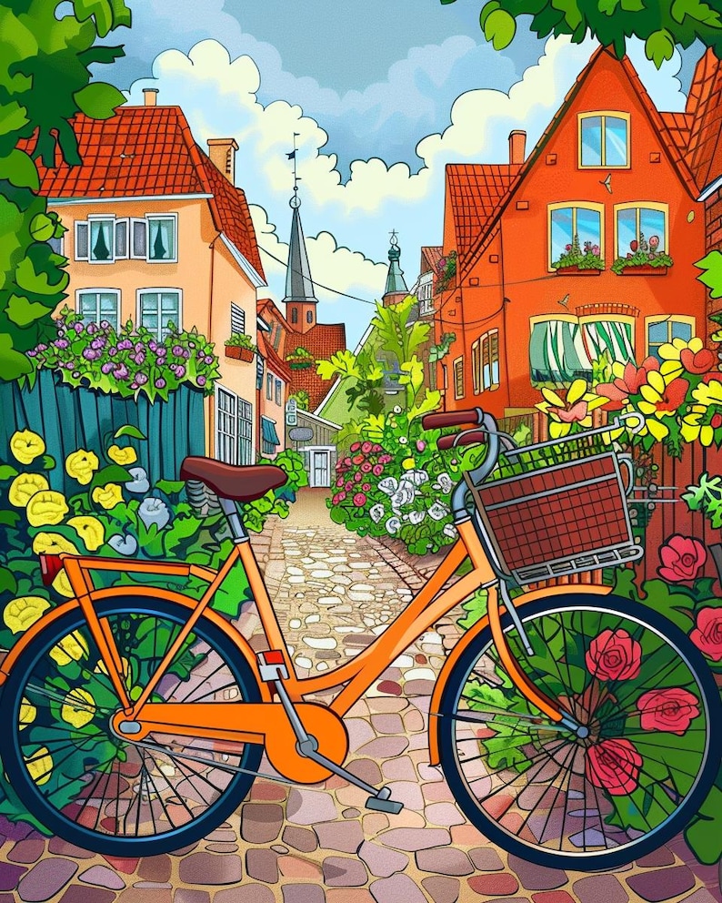 May include: A bright orange bicycle with a basket is parked on a cobblestone street in a quaint European town. The bicycle is surrounded by colorful flowers and lush greenery. The buildings in the background are red brick with white trim and red tile roofs.