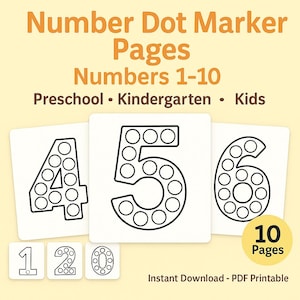 Puede incluir: Páginas imprimibles de marcadores de puntos numéricos para niños de preescolar y jardín de infancia. Las páginas presentan los números del 1 al 10 con contornos de puntos para colorear. Incluye 10 páginas, descarga instantánea en PDF.