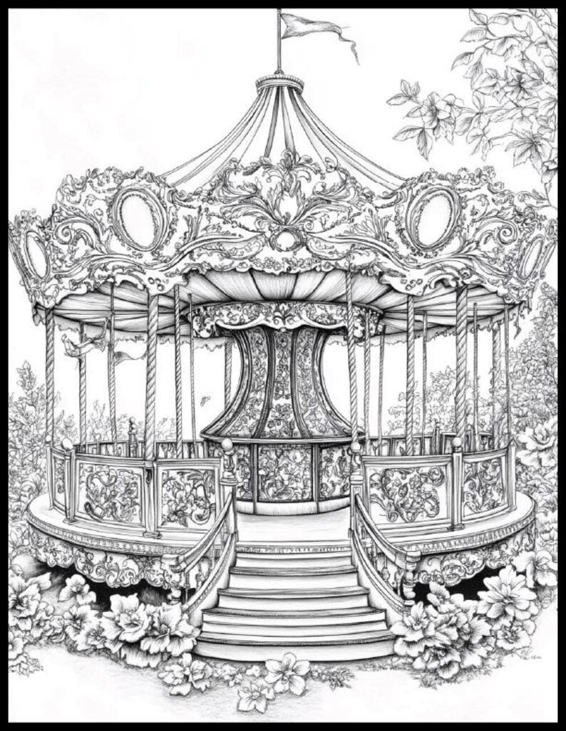 100 Floral Carousel Coloring Pages | Flower Horse Carousel PDF ...