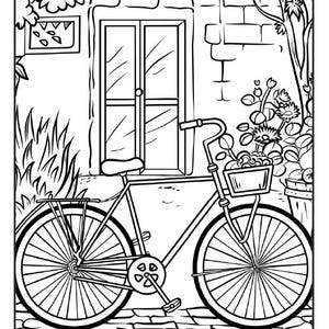 May include: A black and white line drawing of a bicycle parked in front of a building with a door and a window. The bicycle has a basket on the front and a flower pot on the side. There are plants growing in the flower pot.