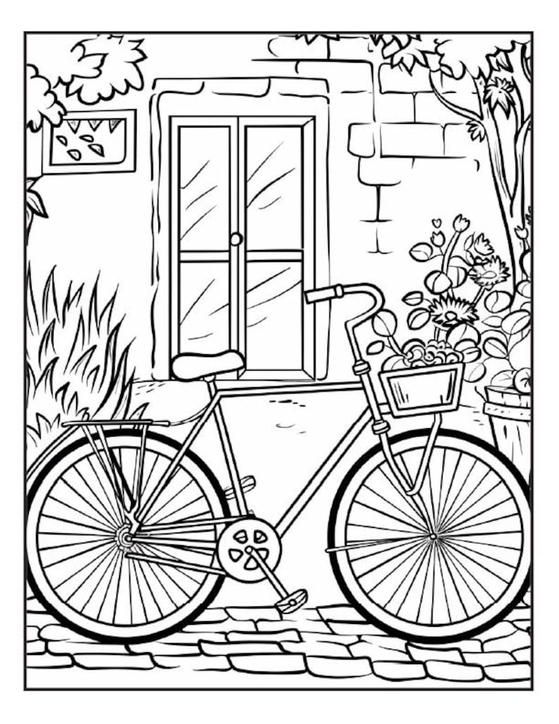 May include: A black and white line drawing of a bicycle parked in front of a building with a door and a window. The bicycle has a basket on the front and a flower pot on the side. There are plants growing in the flower pot.