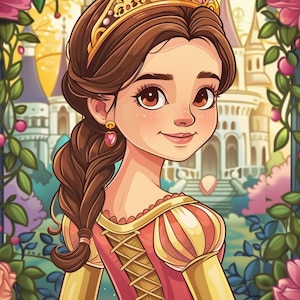 Puede incluir: Una ilustración de dibujos animados de una princesa con una corona dorada y un vestido rosa y dorado. Tiene el pelo castaño y los ojos marrones. El fondo es un castillo con un jardín.