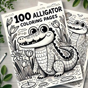 Puede incluir: Portada de libro para colorear en blanco y negro con un cocodrilo de dibujos animados con ojos grandes y una sonrisa de dientes. El texto de la portada dice "100 páginas para colorear de cocodrilos".