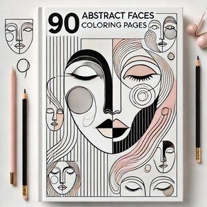Puede incluir: Una portada de libro con el título "90 Abstract Faces Coloring Pages". La portada presenta una ilustración en blanco y negro de la cara de una mujer con formas geométricas y líneas. Los ojos de la mujer están cerrados y sus labios están ligeramente entreabiertos. El fondo es un patrón de rayas blancas y negras.