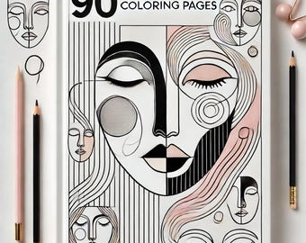 Könnte beinhalten: Ein Buchcover mit dem Titel "90 Abstract Faces Coloring Pages". Das Cover zeigt eine Schwarzweißillustration eines Frauen Gesichts mit geometrischen Formen und Linien. Die Augen der Frau sind geschlossen und ihre Lippen sind leicht geöffnet. Der Hintergrund ist ein weiß-schwarzes Streifenmuster.