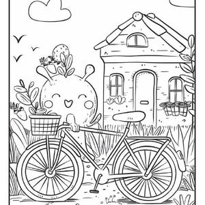May include: A black and white line drawing of a cute cartoon character riding a bicycle with a basket in front. The character is wearing a flower on its head and is riding past a small house with a window and a door.