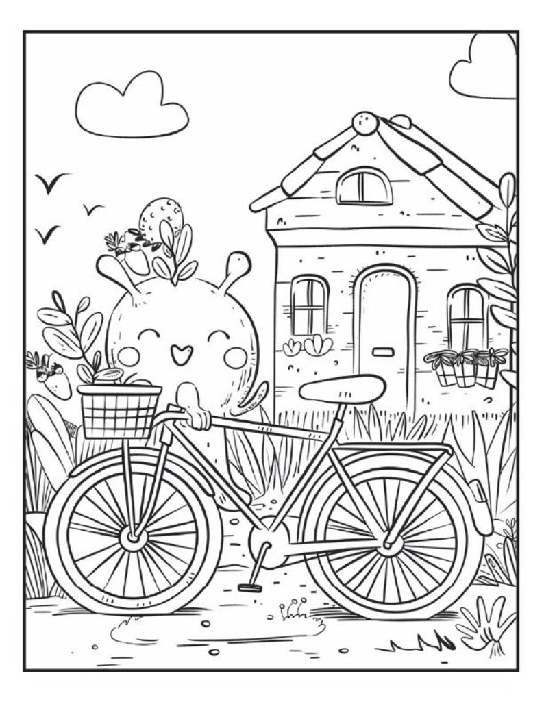 May include: A black and white line drawing of a cute cartoon character riding a bicycle with a basket in front. The character is wearing a flower on its head and is riding past a small house with a window and a door.