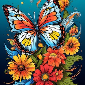 Puede incluir: Una mariposa colorida con alas naranja, roja, blanca y azul está rodeada de un ramo de flores naranja, rojas y amarillas. Las flores tienen hojas y tallos verdes. El fondo es un degradado de azul y negro.