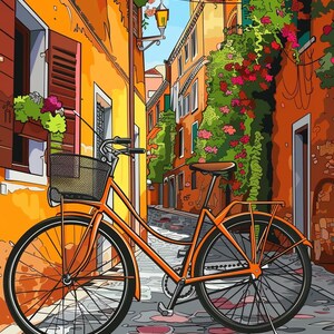 May include: A bright orange bicycle with a basket is parked in a narrow, cobblestone alleyway. The alley is lined with colorful buildings and lush greenery.