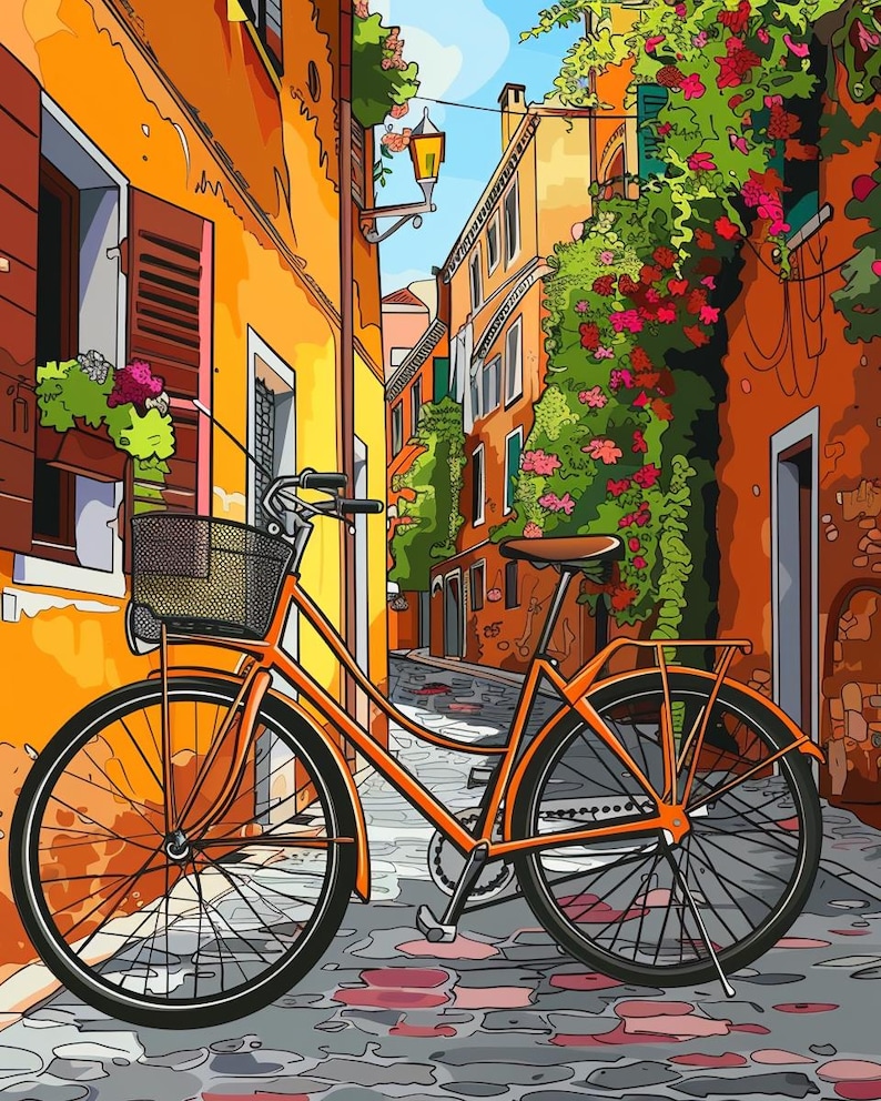 May include: A bright orange bicycle with a basket is parked in a narrow, cobblestone alleyway. The alley is lined with colorful buildings and lush greenery.