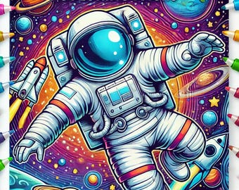 May include: A colourful illustration of an astronaut floating in space. The astronaut is wearing a white spacesuit with a blue helmet. The background is filled with stars, planets, and galaxies. The image is perfect for colouring.