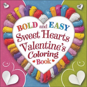 Puede incluir: Una portada de libro para colorear con forma de corazón hecha de corazones coloridos. El título es "BOLD and EASY Sweet Hearts Valentine's Coloring Book".
