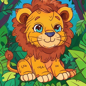 Puede incluir: Una ilustración de dibujos animados de un lindo cachorro de león naranja con una melena marrón sentado en una jungla verde. El cachorro de león tiene grandes ojos azules y una sonrisa amigable.