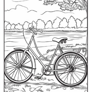 May include: A black and white line drawing of a bicycle parked in a grassy area with a tree in the background.