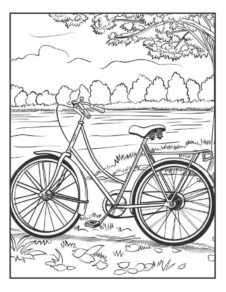 May include: A black and white line drawing of a bicycle parked in a grassy area with a tree in the background.