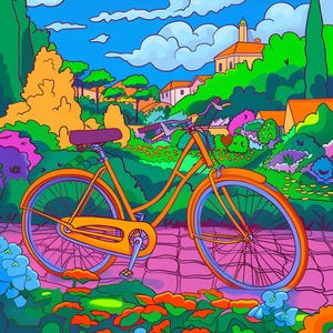May include: A yellow bicycle with a pink and purple flower garden in the foreground and a colorful cartoon village in the background.