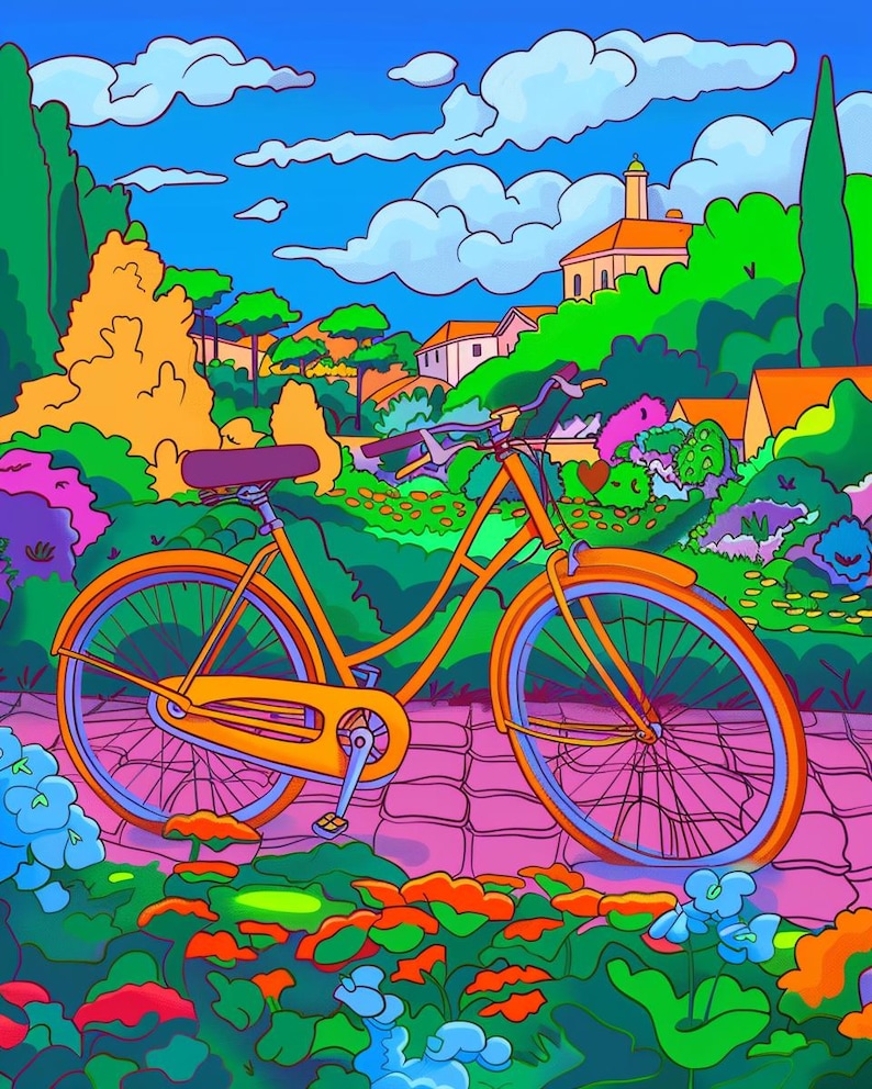May include: A yellow bicycle with a pink and purple flower garden in the foreground and a colorful cartoon village in the background.