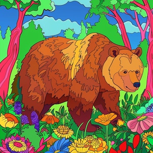 Puede incluir: Un oso marrón camina por un bosque colorido con árboles verdes, cielo azul y flores en tonos de rosa, amarillo, azul y rojo.