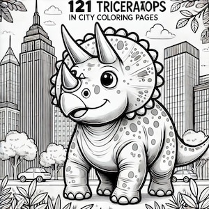 Puede incluir: Una ilustración en blanco y negro de un Triceratops de dibujos animados de pie frente a un horizonte de ciudad. El dinosaurio está sonriendo y tiene una expresión amigable. El texto "121 Triceratops in City Coloring Pages" está en la parte superior de la imagen.