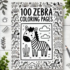 Puede incluir: Portada de libro para colorear en blanco y negro con una cebra y el texto "100 páginas para colorear de cebras".