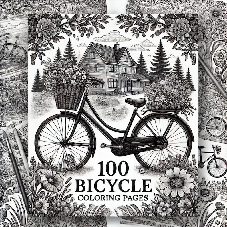 May include: Black and white illustration of a bicycle with flowers in baskets on the handlebars. The bicycle is in front of a house with a yard. The text "100 Bicycle Coloring Pages" is below the bicycle.