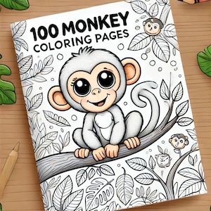 Puede incluir: Un libro para colorear en blanco y negro con el título "100 Monkey Coloring Pages". La portada presenta un mono de dibujos animados con ojos grandes sentado en una rama.