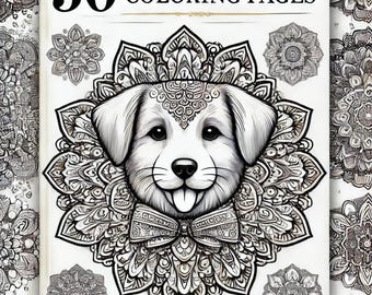 May include: Black and white illustration of a dog's face with a bow tie, surrounded by intricate mandala designs. The text "30 DOG MANDALA COLORING PAGES" is at the top of the image.