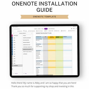 May include: A screenshot of a tablet displaying a marketing budget plan template in a Microsoft OneNote application. The template includes columns for month, goals, campaign type, city, projected cost per unit, projected total, and comments. The template is designed to help businesses plan and track their marketing expenses.