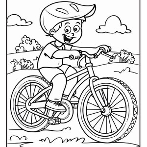 May include: A black and white line drawing of a child wearing a helmet riding a bicycle. The child is wearing a helmet and is riding a bicycle with two wheels. The child is smiling and appears to be enjoying the ride.