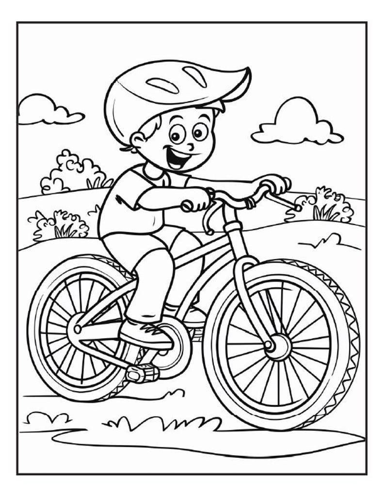 May include: A black and white line drawing of a child wearing a helmet riding a bicycle. The child is wearing a helmet and is riding a bicycle with two wheels. The child is smiling and appears to be enjoying the ride.