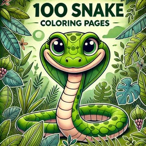 May include: A cartoon illustration of a green snake with big eyes and a smile. The snake is curled up in a jungle setting with green leaves and vines. The text "100 SNAKE COLORING PAGES" is at the top of the image.