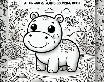 Pode incluir: Uma página para colorir em preto e branco com um hipopótamo de desenho animado em pé em um lago. O título do livro é "100 Hipopótamos: Um livro para colorir divertido e relaxante".