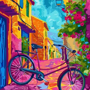 May include: A bright pink bicycle is parked in a colorful, narrow alleyway. The bicycle has a black seat and handlebars, and the wheels are a vibrant pink. The alleyway is lined with colorful buildings and flowers.