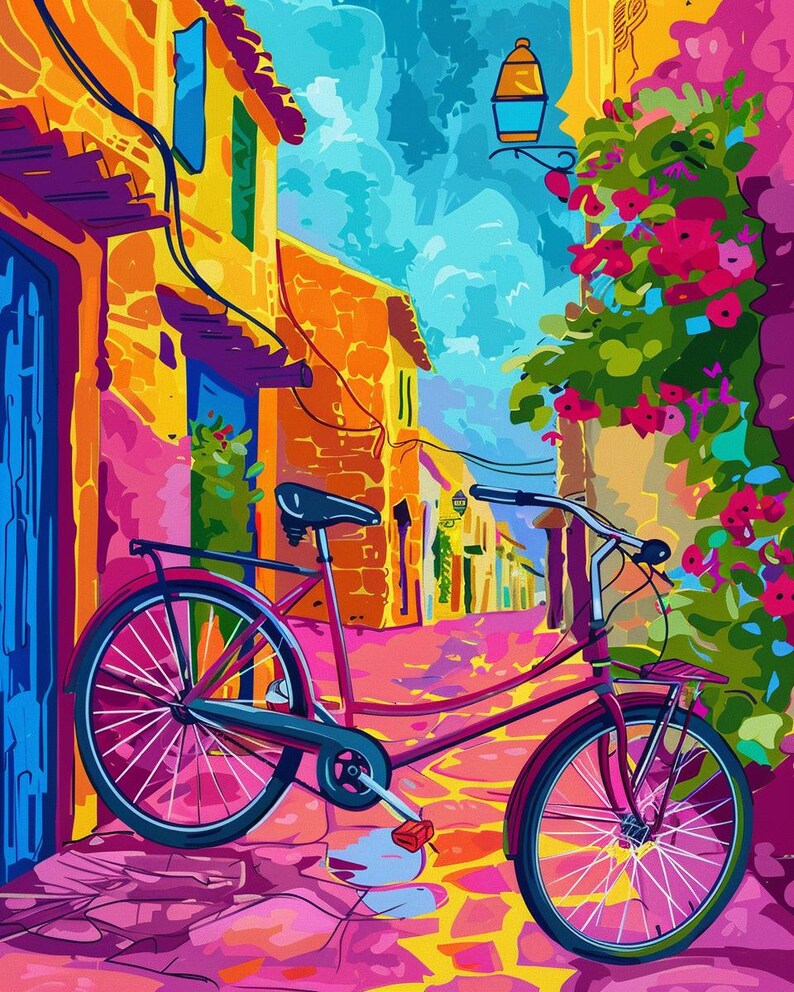 May include: A bright pink bicycle is parked in a colorful, narrow alleyway. The bicycle has a black seat and handlebars, and the wheels are a vibrant pink. The alleyway is lined with colorful buildings and flowers.