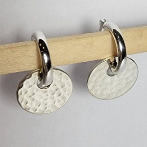 Sterling silver hinged hoops with hammered disc / circle earrings