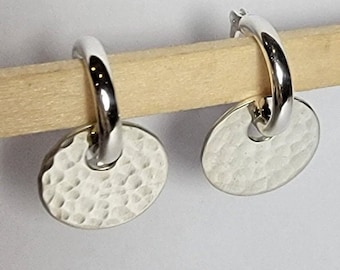Sterling silver hinged hoops with hammered disc / circle earrings