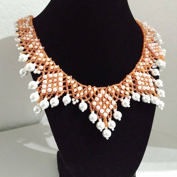 41 - Handmade White Orange Seed Pearl Chunky Beaded Choker Necklace Statement Party Anniversary Wedding Mother's Day Gift
