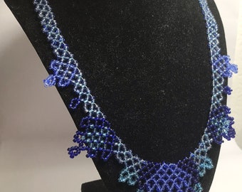 111 - Glass Seed Beads Bib Choker Handmade Necklace 10" Sea-Blue Beaded Toggle Lock