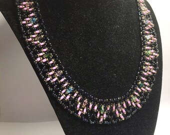 92 - Glass Seed Beads Bib Choker Handmade Necklace 9" Dark-Pink Lobster Claw Lock